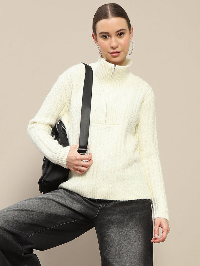 Madame Half Zipper Collared Off White Sweater