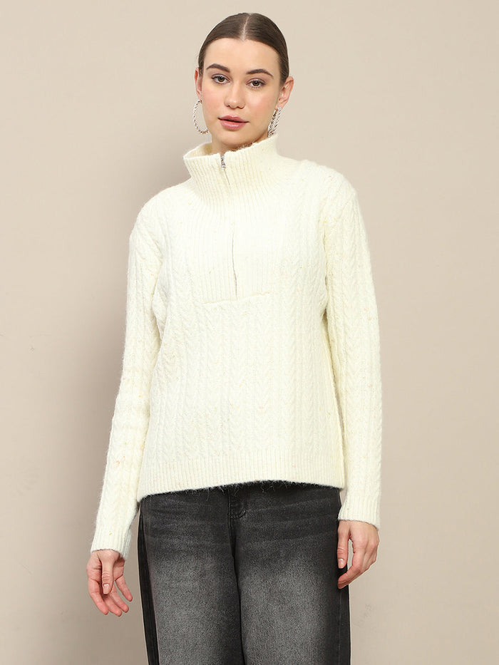 Madame Half Zipper Collared Off White Sweater