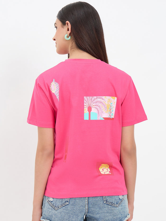 Madame Hot Pink Cotton Printed Half-Sleeve T-Shirt