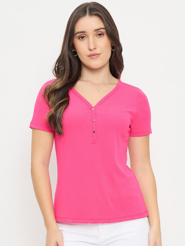 Madame Hot Pink V-Neck T-Shirt with Button Placket