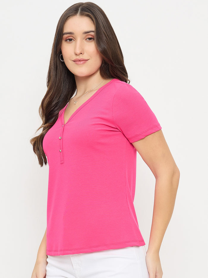 Madame Hot Pink V-Neck T-Shirt with Button Placket