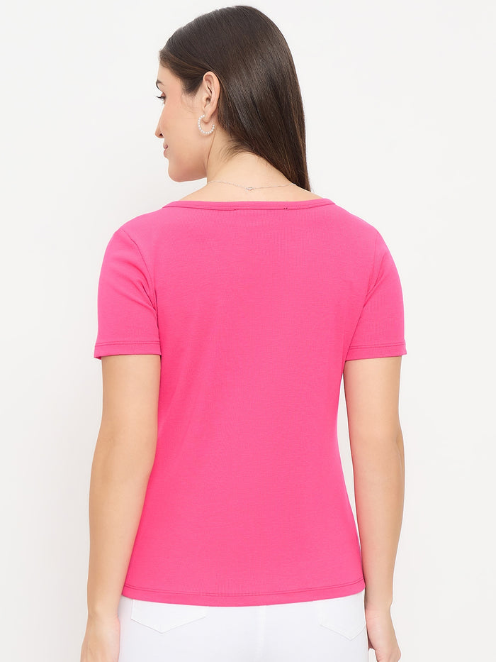 Madame Hot Pink V-Neck T-Shirt with Button Placket