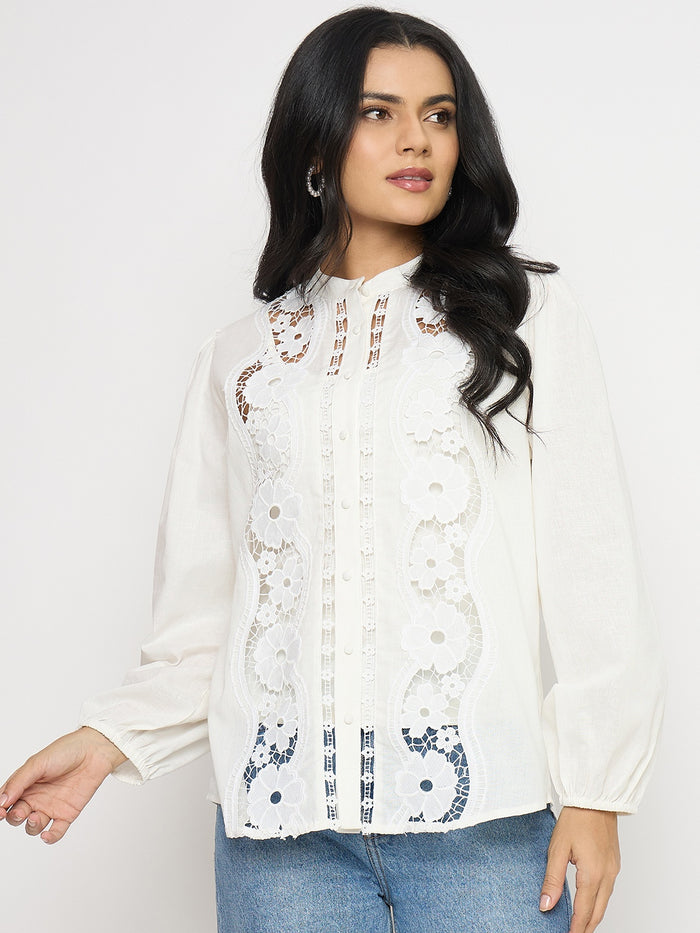 Madame Lace Detail Off White Cotton Top
