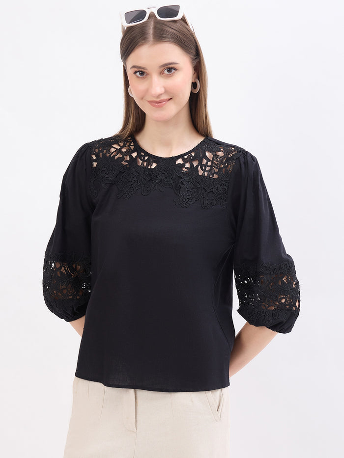 Madame Lace Patchwork Black Cotton Top