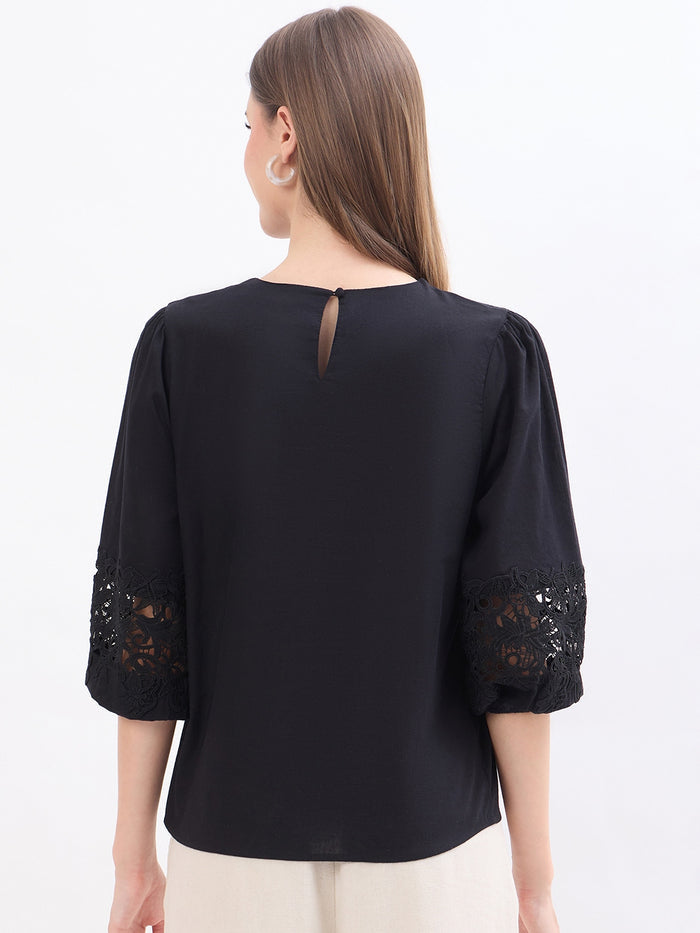 Madame Lace Patchwork Black Cotton Top