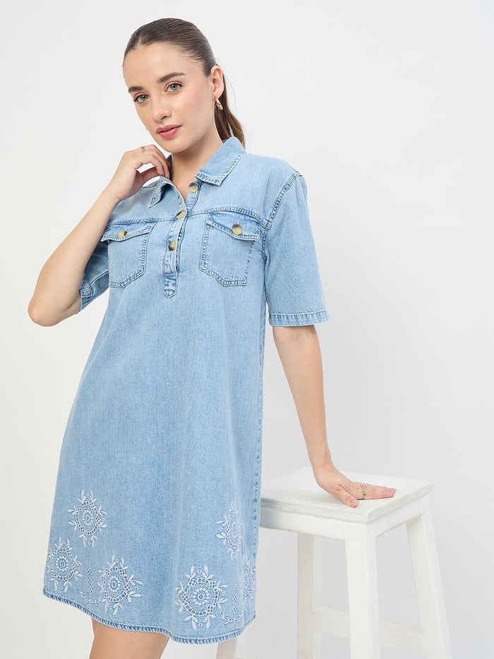 Madame Light Blue Cotton Tencel Embroidered Shirt Dress
