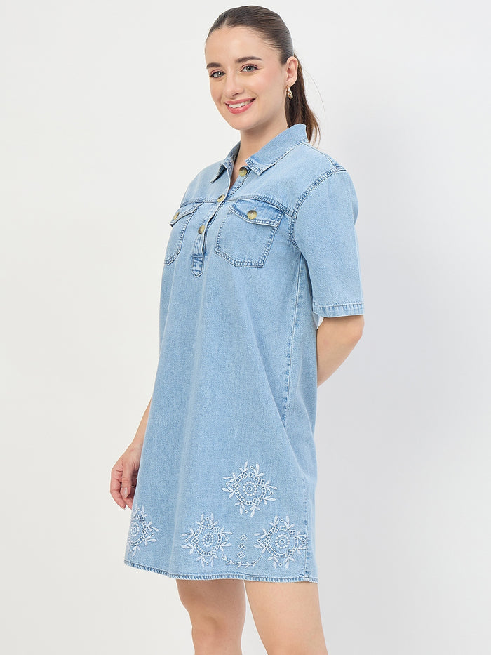 Madame Light Blue Cotton Tencel Embroidered Shirt Dress