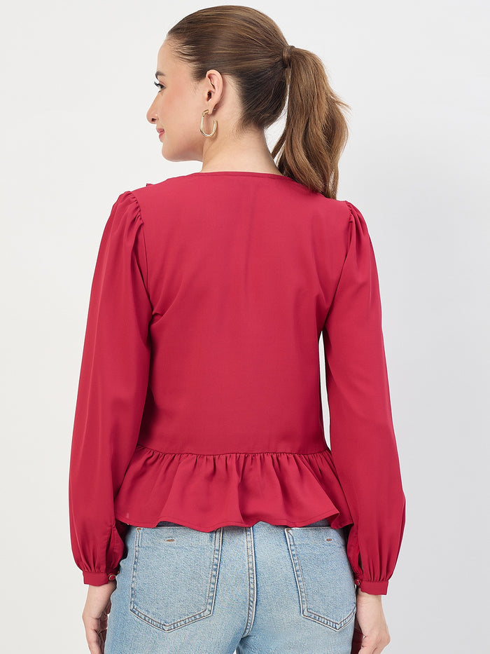 Madame Maroon Frill Sleeve Ruffle Neck Top