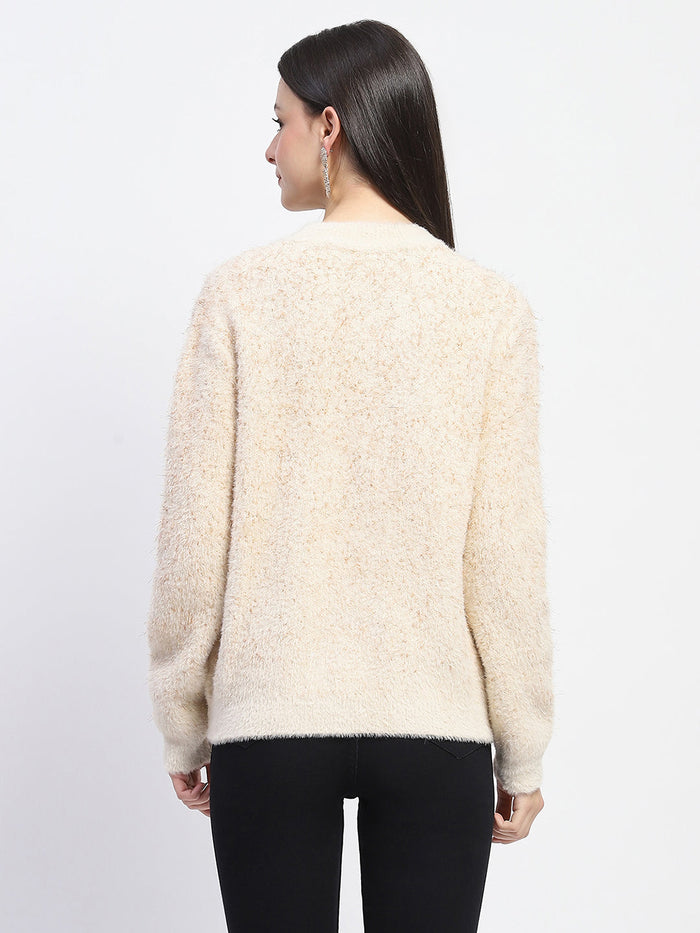 Madame Nylon Blend Full Sleeve Solid Beige Sweater