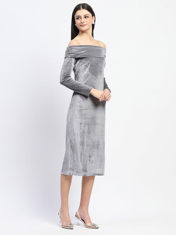 Madame Off-shoulder embellished Grey Velvet Dress
