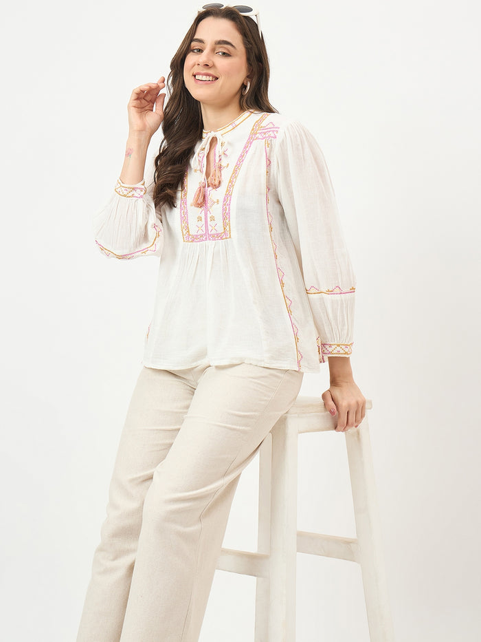 Madame Off-White Embroidered Cotton Mandarin Top