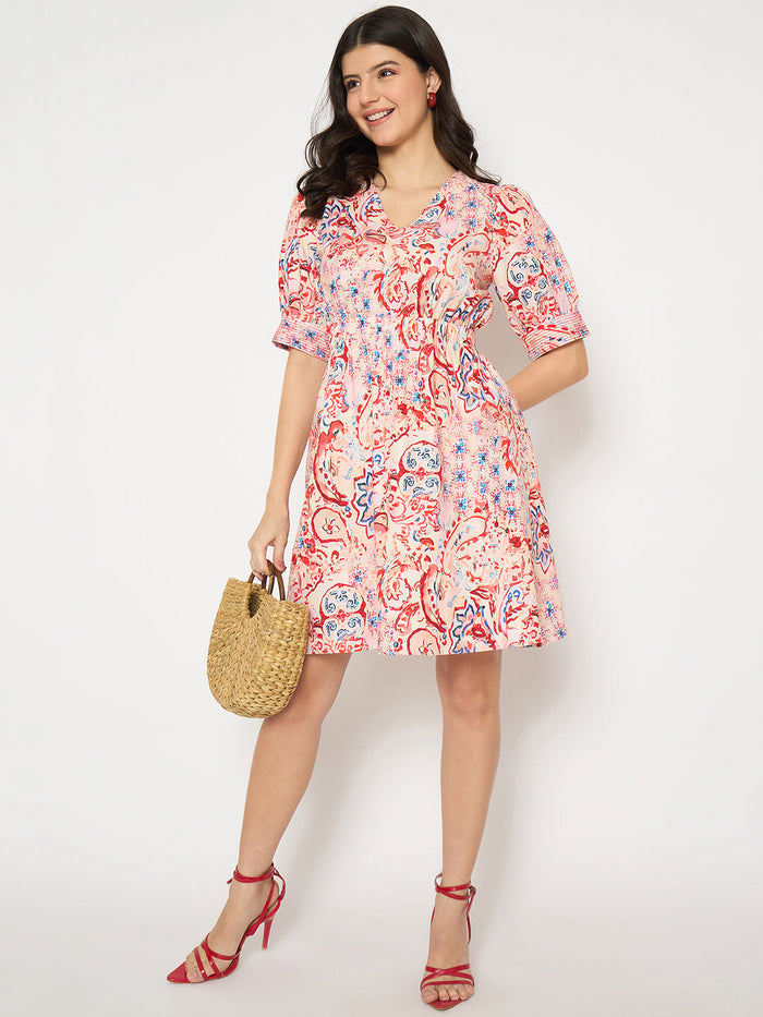Madame Paisley Print Elasticated Waist Red Cotton Dress