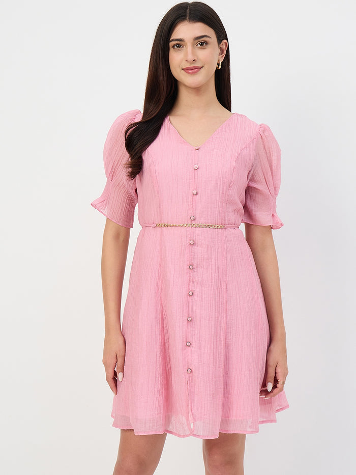 Madame Pink V-Neck Fit and Flare Lyocell Dress with Chain Belt