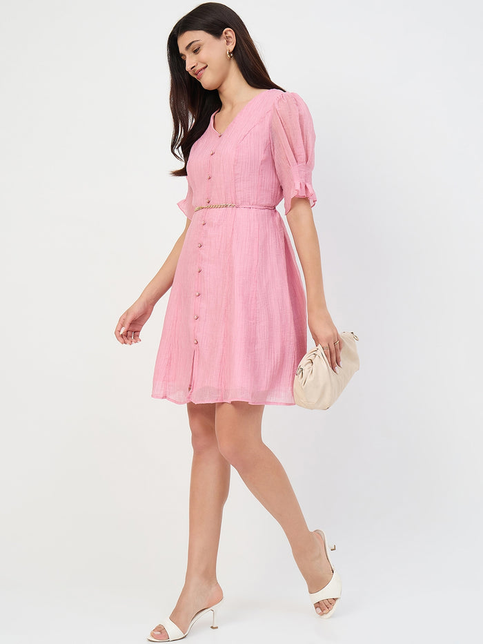 Madame Pink V-Neck Fit and Flare Lyocell Dress with Chain Belt