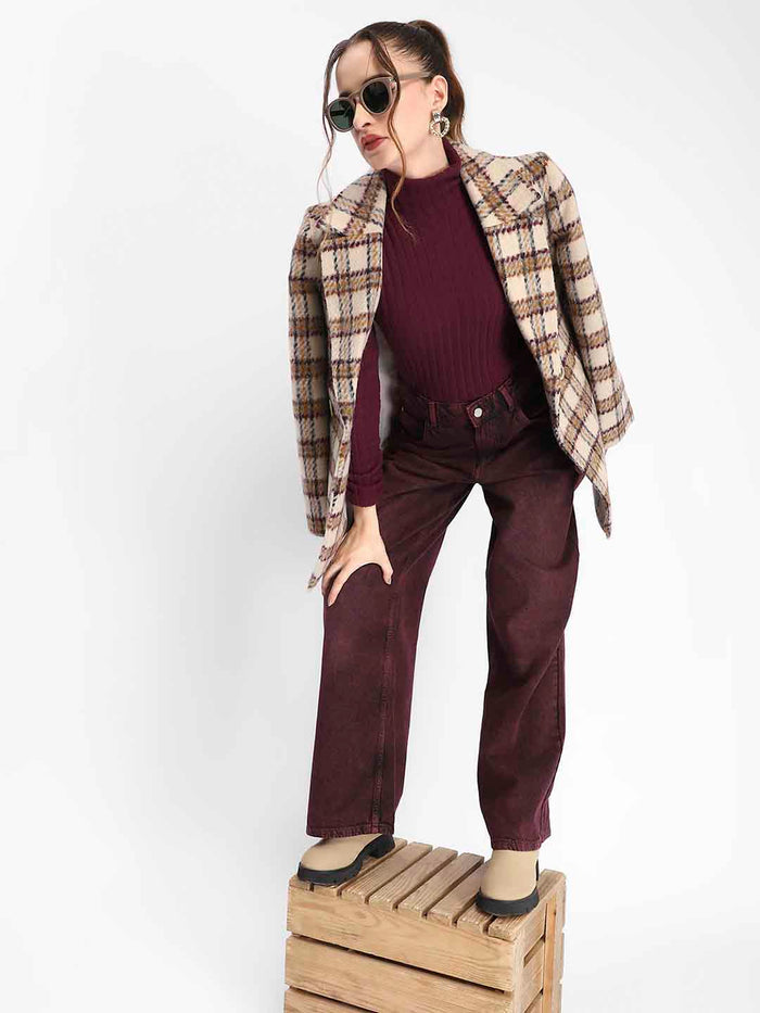 Madame Plaid Lapel Collared Welt Pocketed Beige Coat