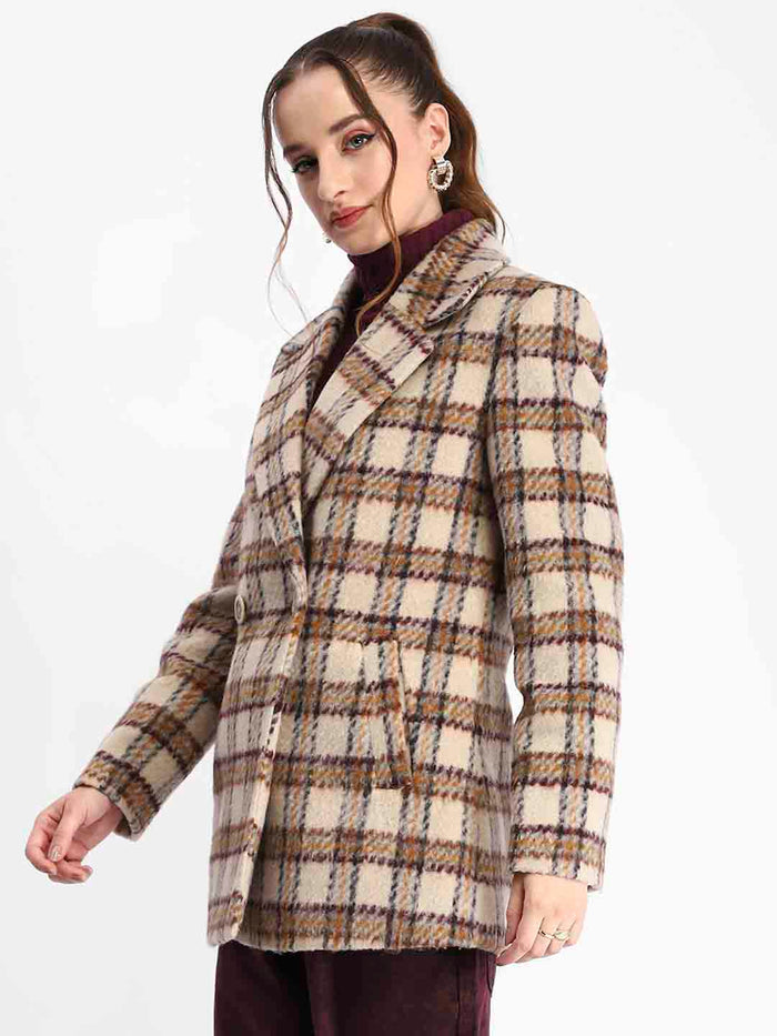 Madame Plaid Lapel Collared Welt Pocketed Beige Coat