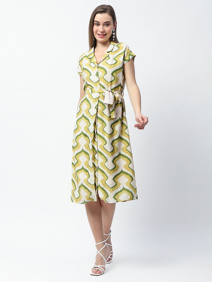 Madame Printed and Belted Green Midi Shirt Dress