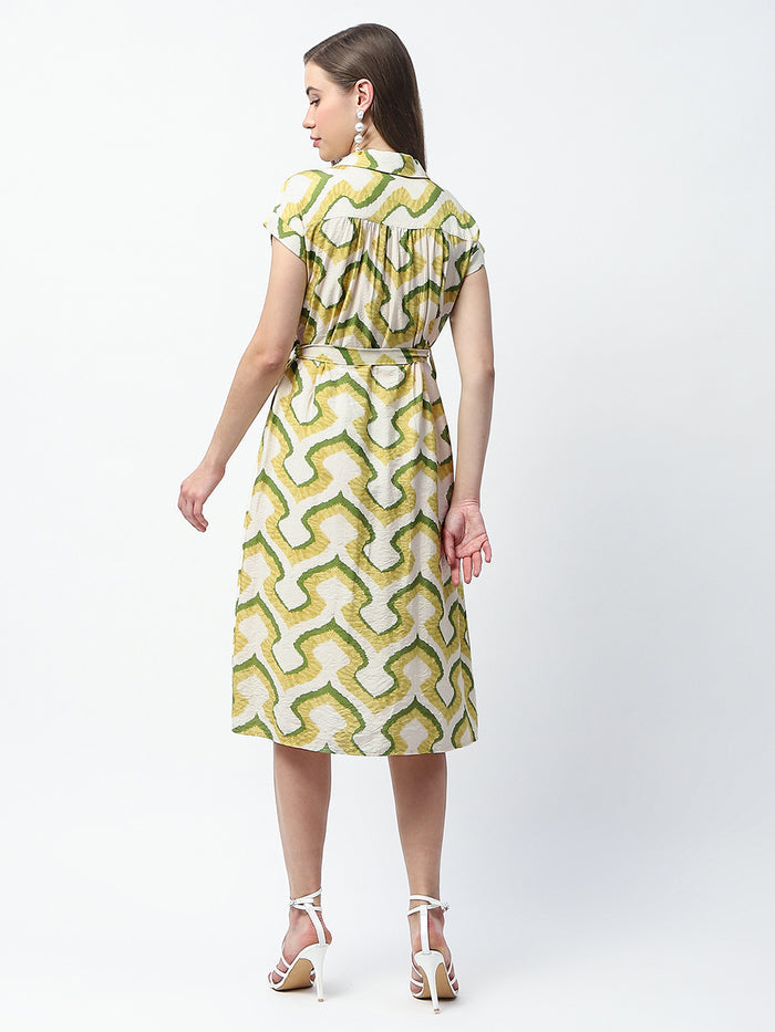 Madame Printed and Belted Green Midi Shirt Dress
