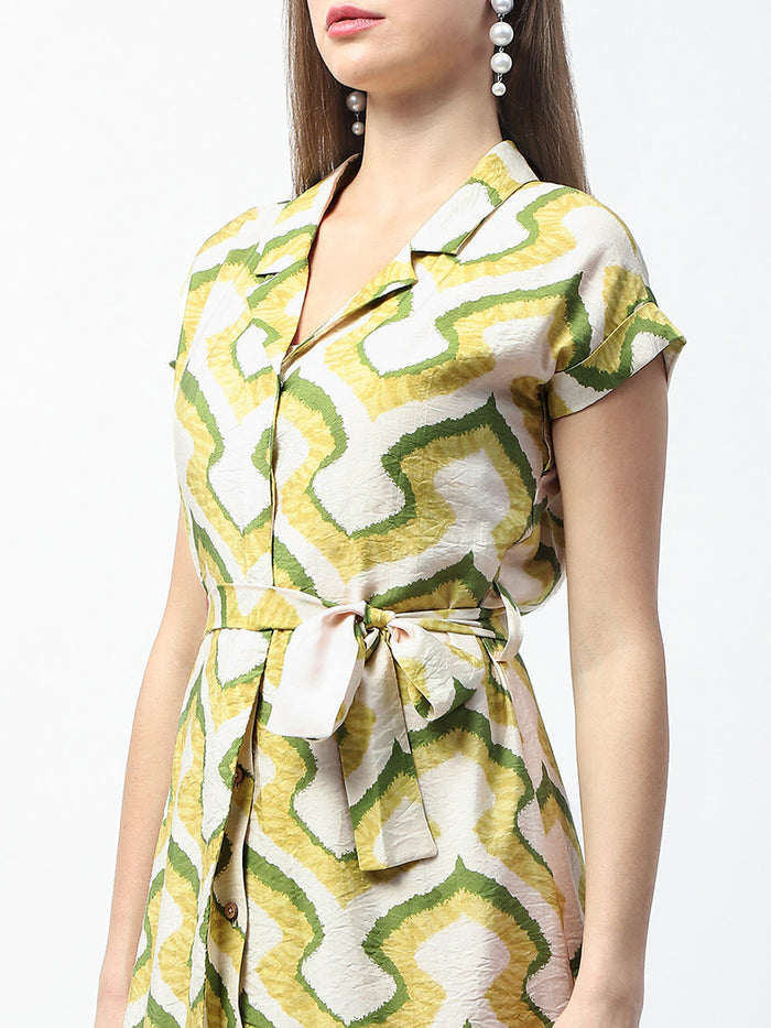 Madame Printed and Belted Green Midi Shirt Dress