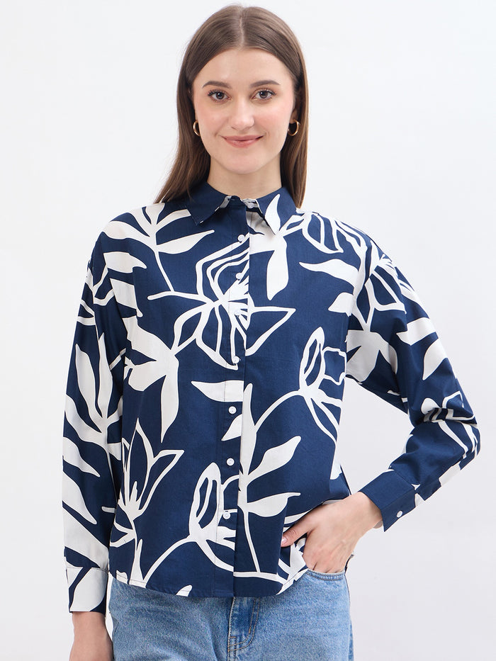 Madame Printed Blue Cotton Shirt
