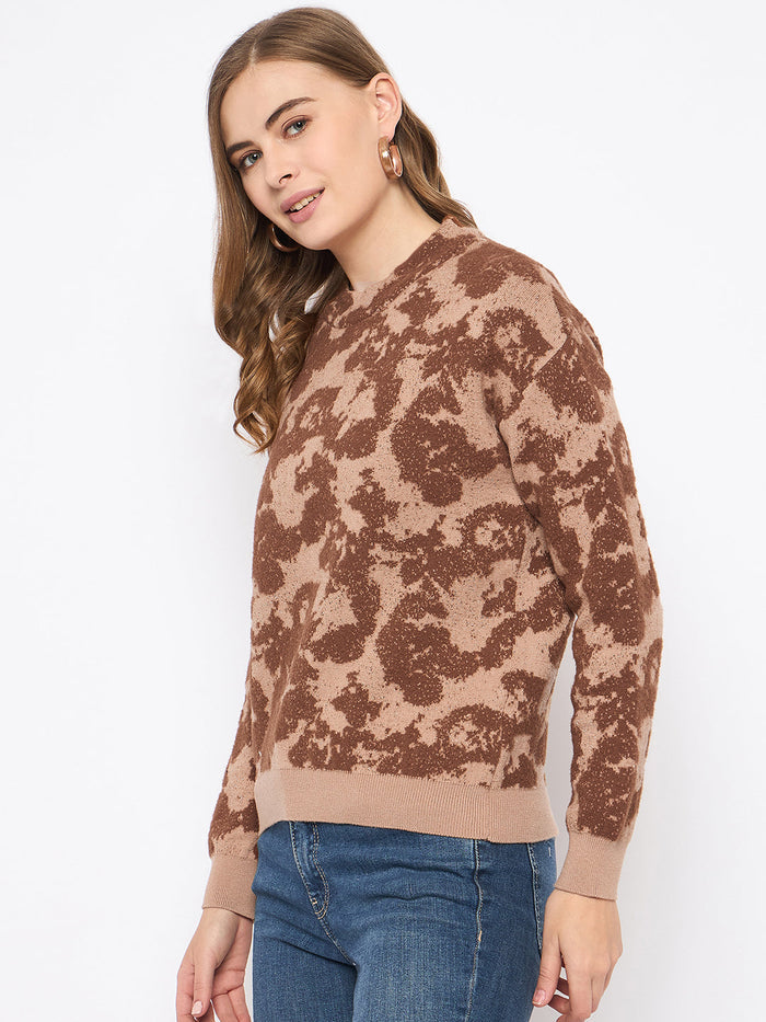 Madame Printed Crew Neck Tan Sweater
