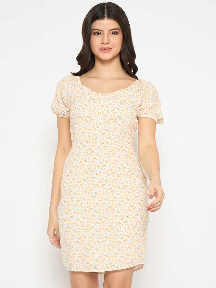 Madame Printed Half Sleeve Yellow Midi Sheath Dress
