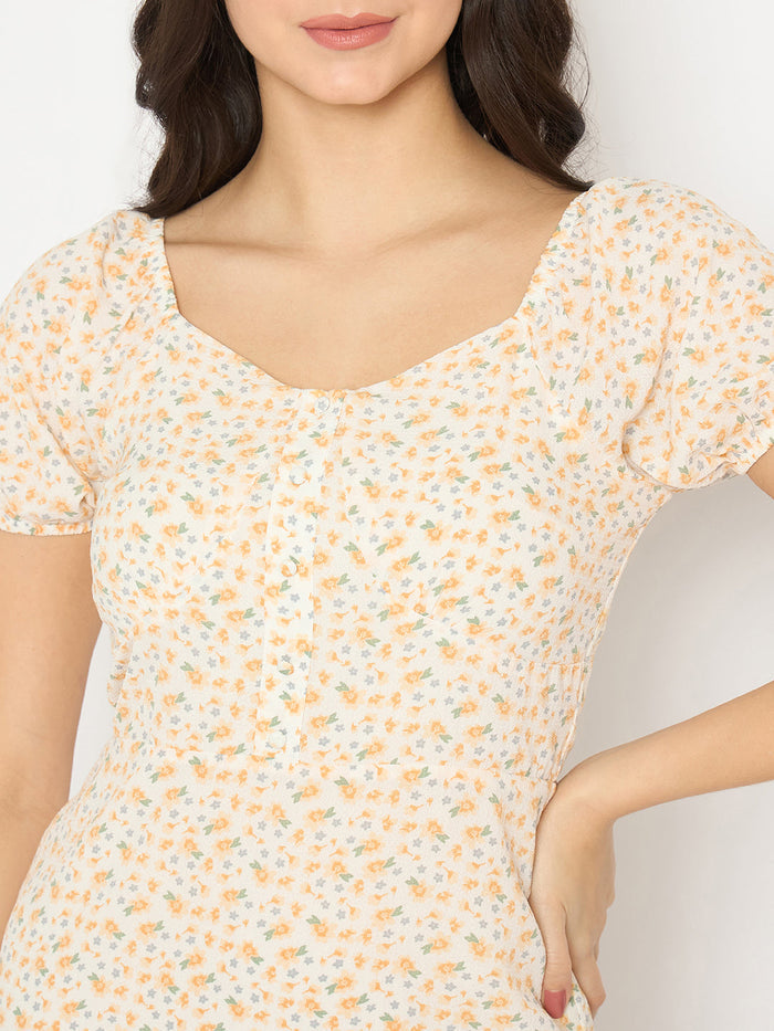 Madame Printed Half Sleeve Yellow Midi Sheath Dress