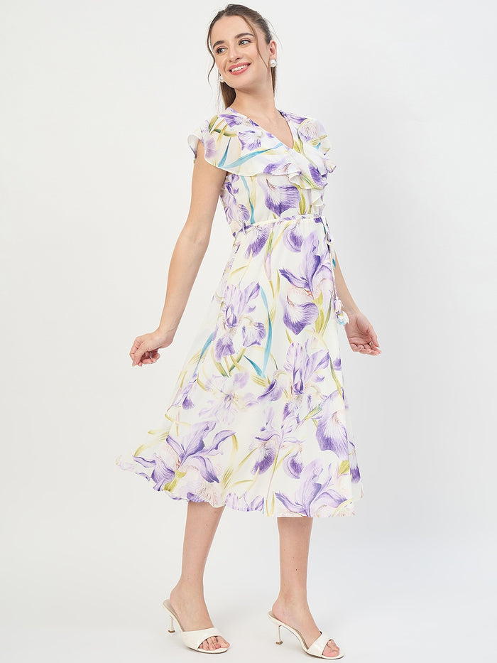 Madame Purple Printed Ruffle Sleeve Midi Dress