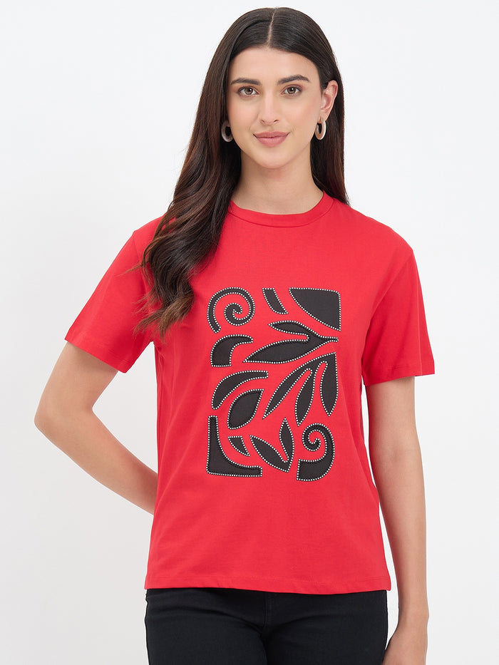 Madame Red Cotton Printed Half-Sleeve T-Shirt