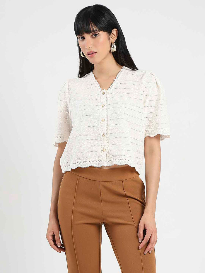 Madame Scalloped Beige Cotton Top