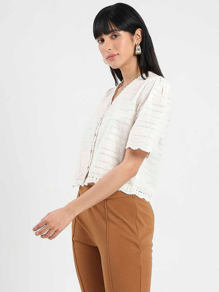 Madame Scalloped Beige Cotton Top