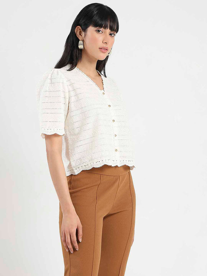 Madame Scalloped Beige Cotton Top