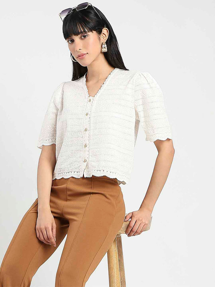 Madame Scalloped Beige Cotton Top