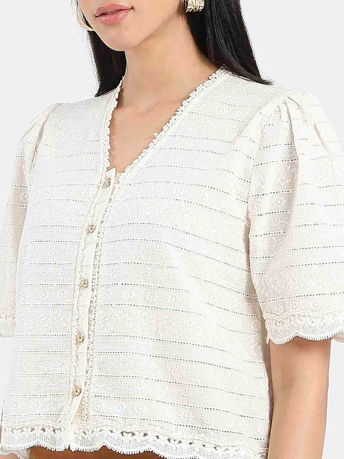 Madame Scalloped Beige Cotton Top