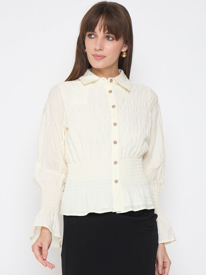 Madame Smocked Waist Off White Peplum Shirt