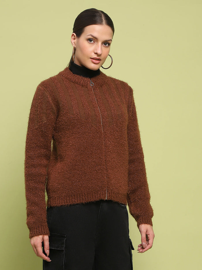 Madame Stripe Detailed Zipped Tan Sweater