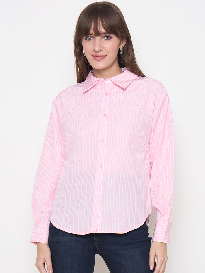 Madame Striped Cuff Sleeve Shirt Collar Pink Shirt
