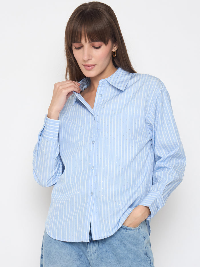 Madame Striped Cuff Sleeve with Shirt Collar Blue Shirt