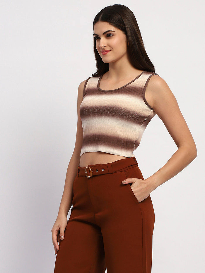 Madame Striped Sleeveless Cotton Brown Crop Sweater
