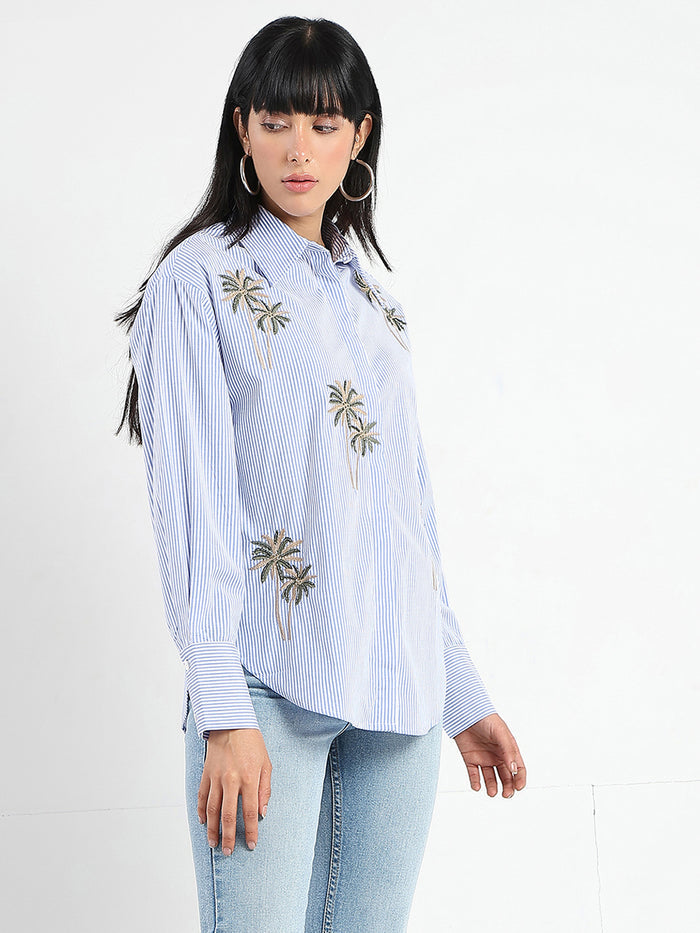 Madame Striped with Placement Embroidery Blue Cotton Shirt