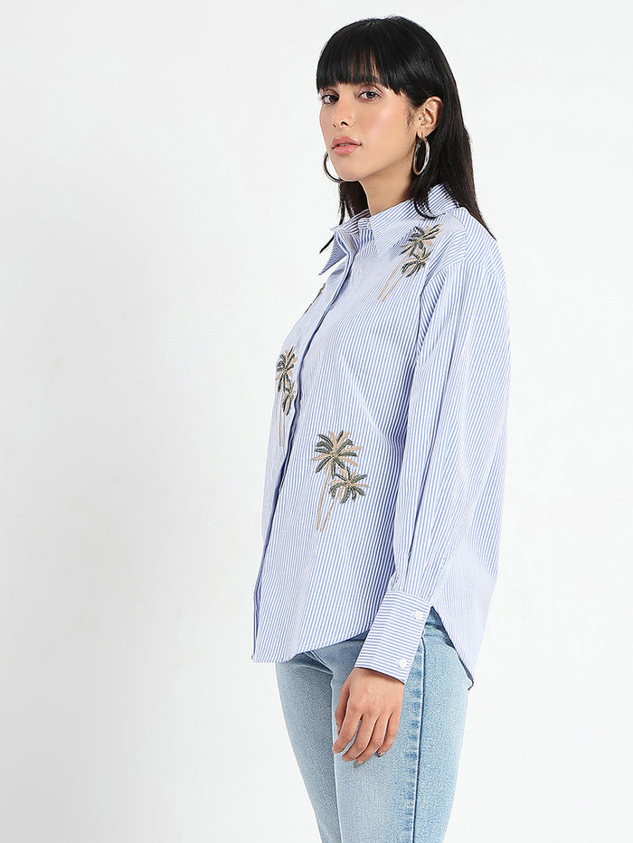 Madame Striped with Placement Embroidery Blue Cotton Shirt