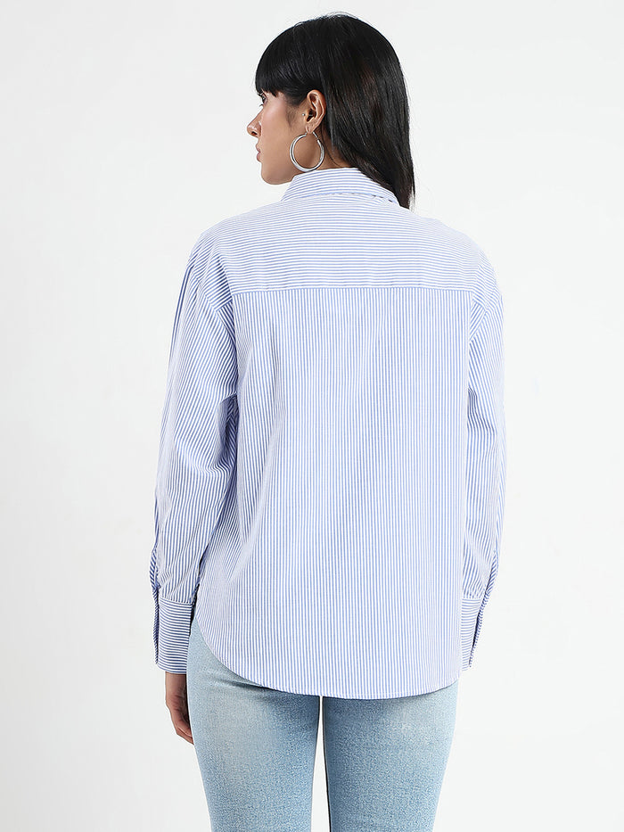 Madame Striped with Placement Embroidery Blue Cotton Shirt