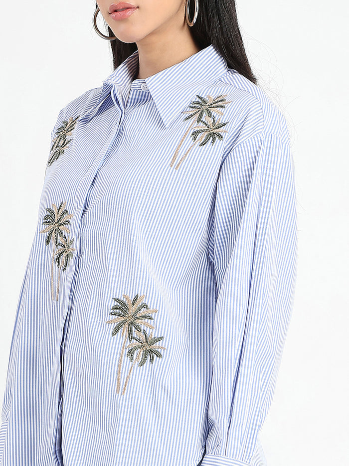 Madame Striped with Placement Embroidery Blue Cotton Shirt