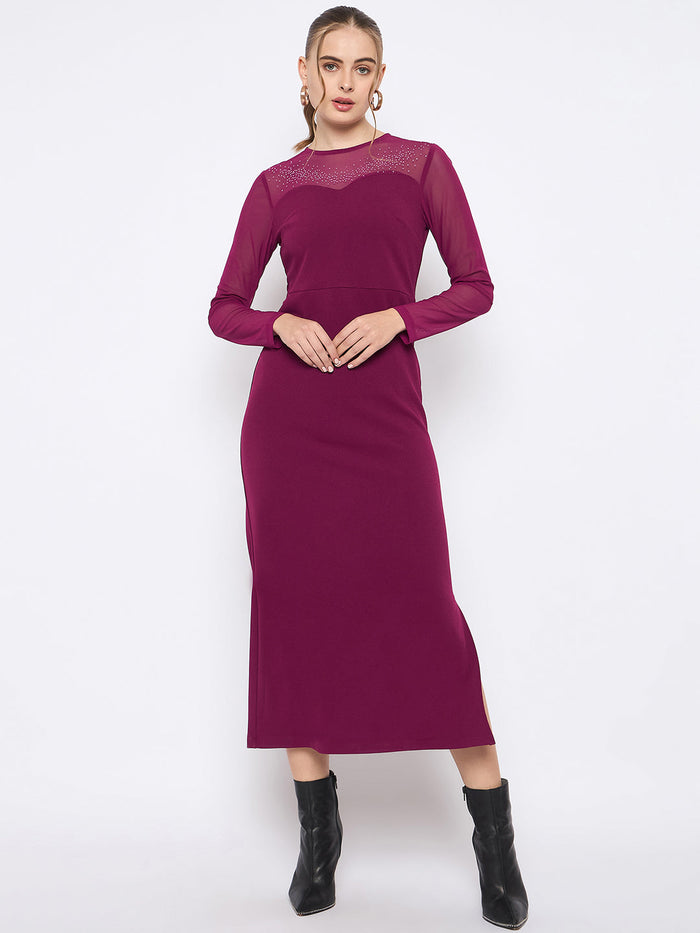 Madame Swarovski Detailed Solid Plum Round Neck Knitted Maxi Dress