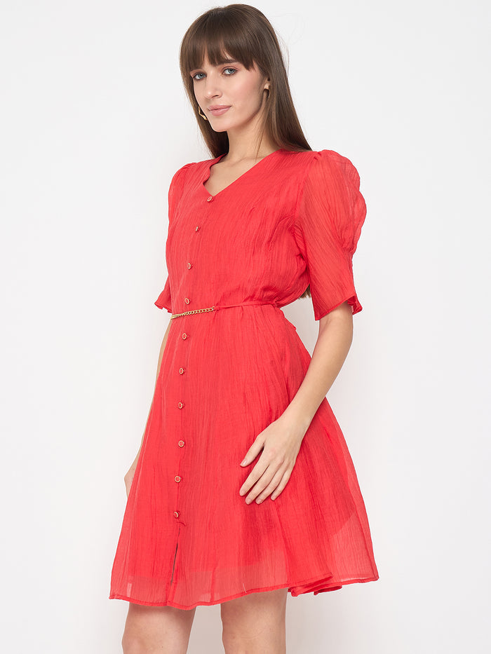 Madame Textured Belted Red Mini A Line Dress