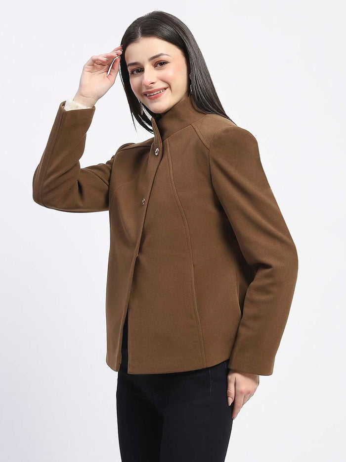 Madame Textured High Neck Coffee Brown Short Coat