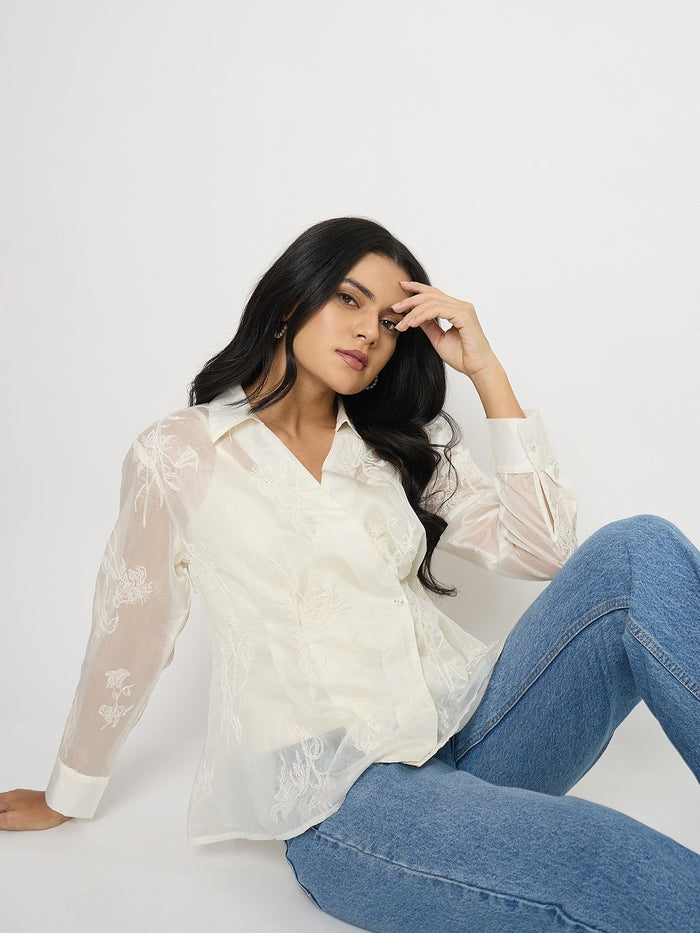 Madame Textured Off White Viscose Wrap Top