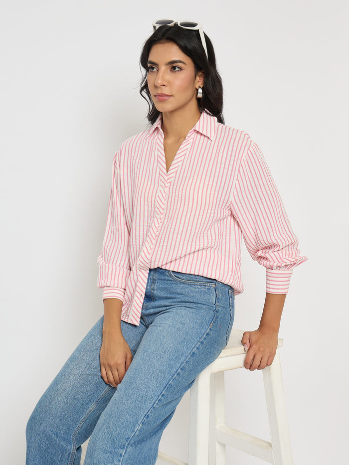 Madame Textured Pink Striped Shirt