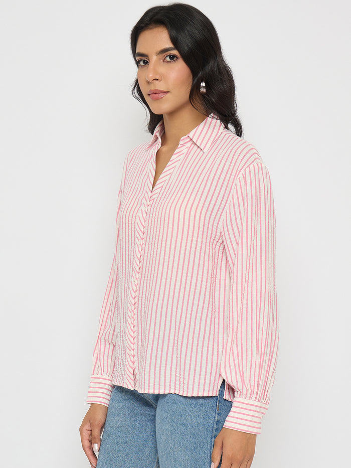 Madame Textured Pink Striped Shirt