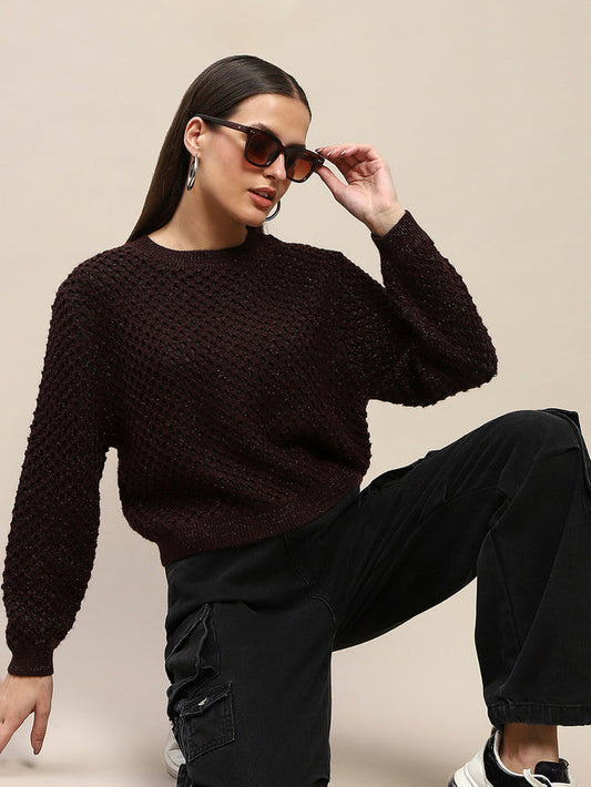 Madame Textured Solid Brown Full Sleeve Sweater